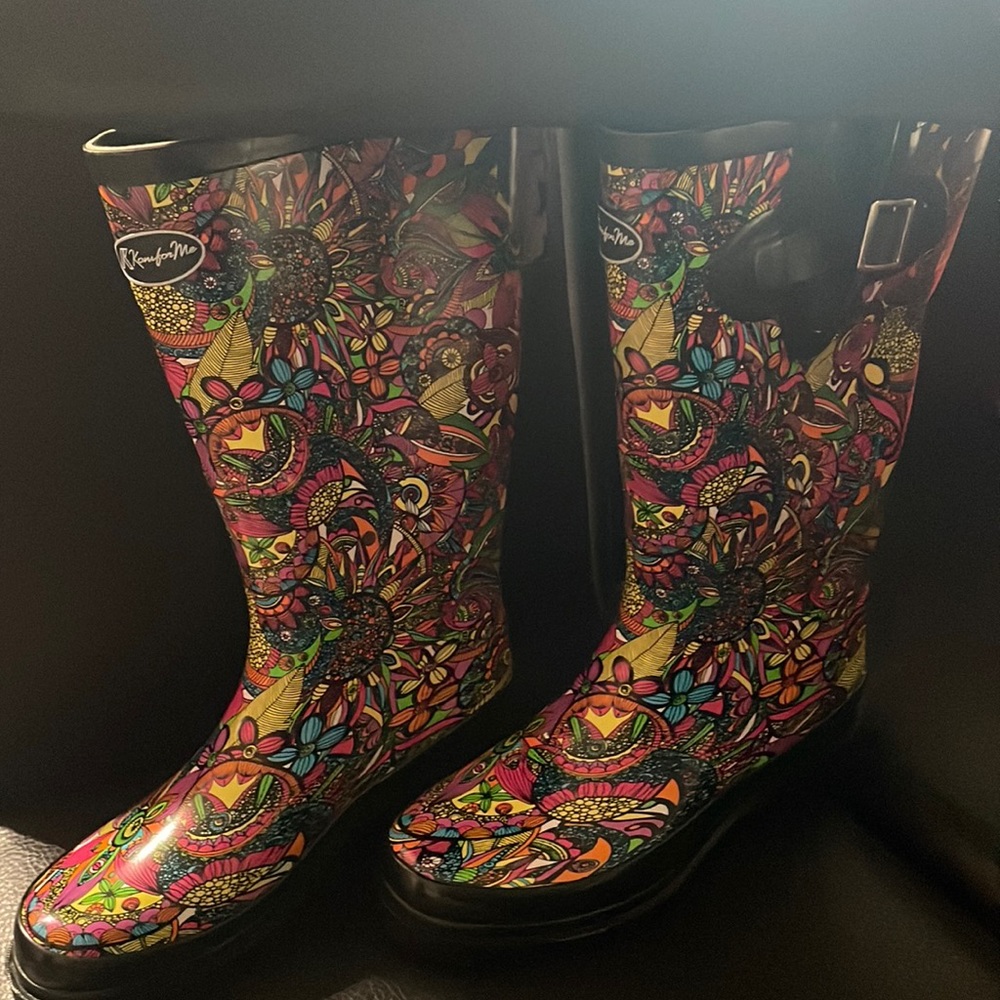 K KomForme Women's Waterproof Rain Boots - Colorful Printed Mid-Calf Size 6